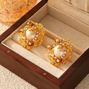 Vintage Baroque Gold Floral Pearl Statement Earrings